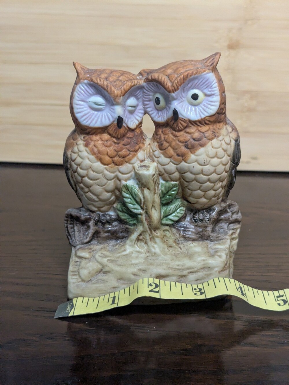 Vintage Bisque Porcelain Double Owl Figurine - Winking & Wide Eyed Owls
